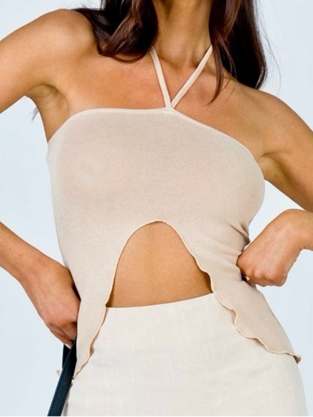 Princess Polly Tan Beige Knit Halter Top